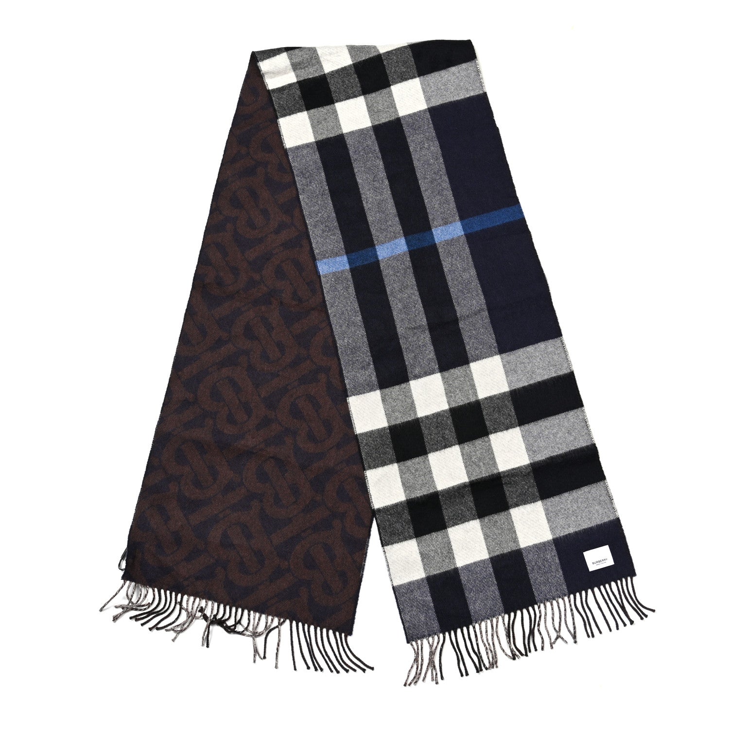 Burberry Cashmere Half Mega Check Monogram TB Reversible Fringe Scarf Dark Charcoal Blue 2 of 4