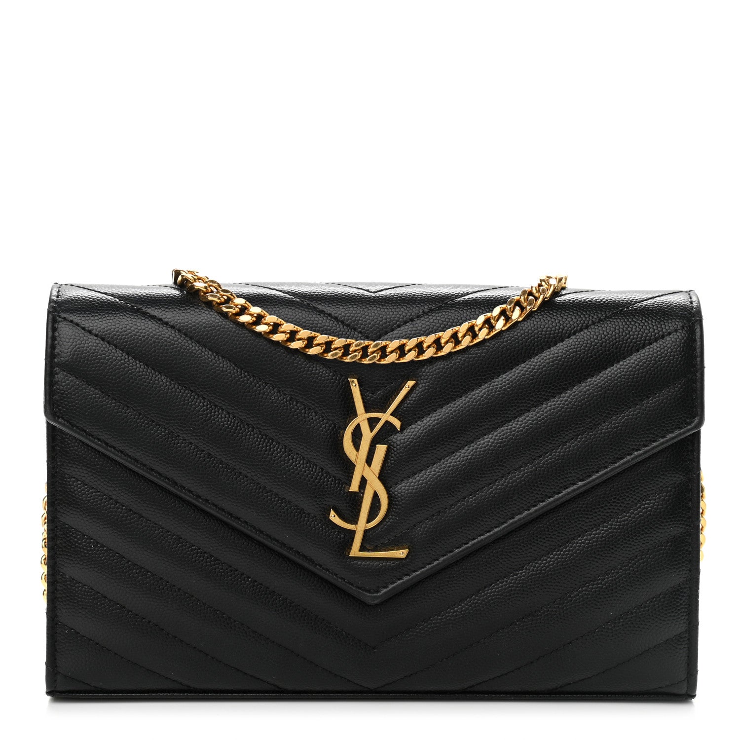 Saint Laurent Grain De Poudre Matelasse Chevron Monogram Chain Wallet Black 1 of 9