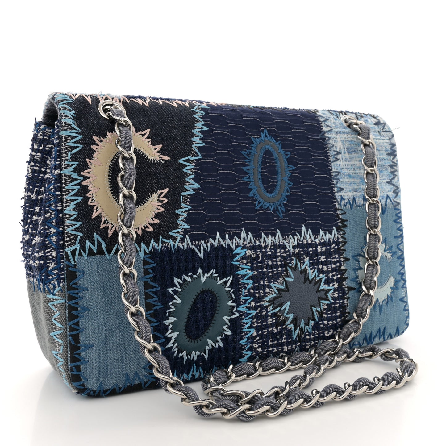 Denim Tweed Patchwork Jumbo Single Flap Blue