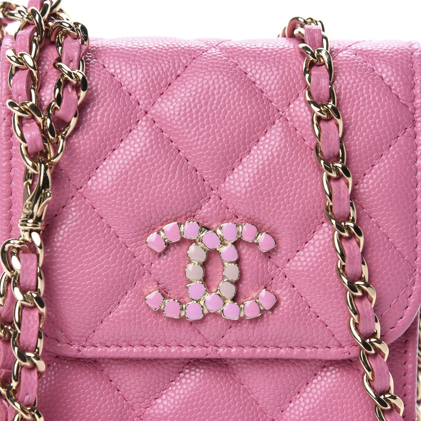 Caviar Quilted Crystal CC Airpods Pro and Phone Case With Chain Pink