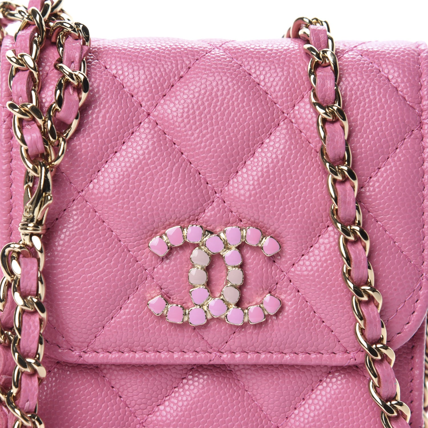 Chanel Caviar Quilted Crystal CC Airpods Pro and Phone Case With Chain Pink 11 of 12