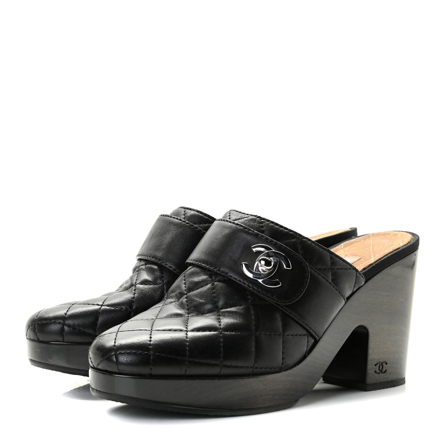 Lambskin Quilted CC Turn Lock Clogs 39.5 Black