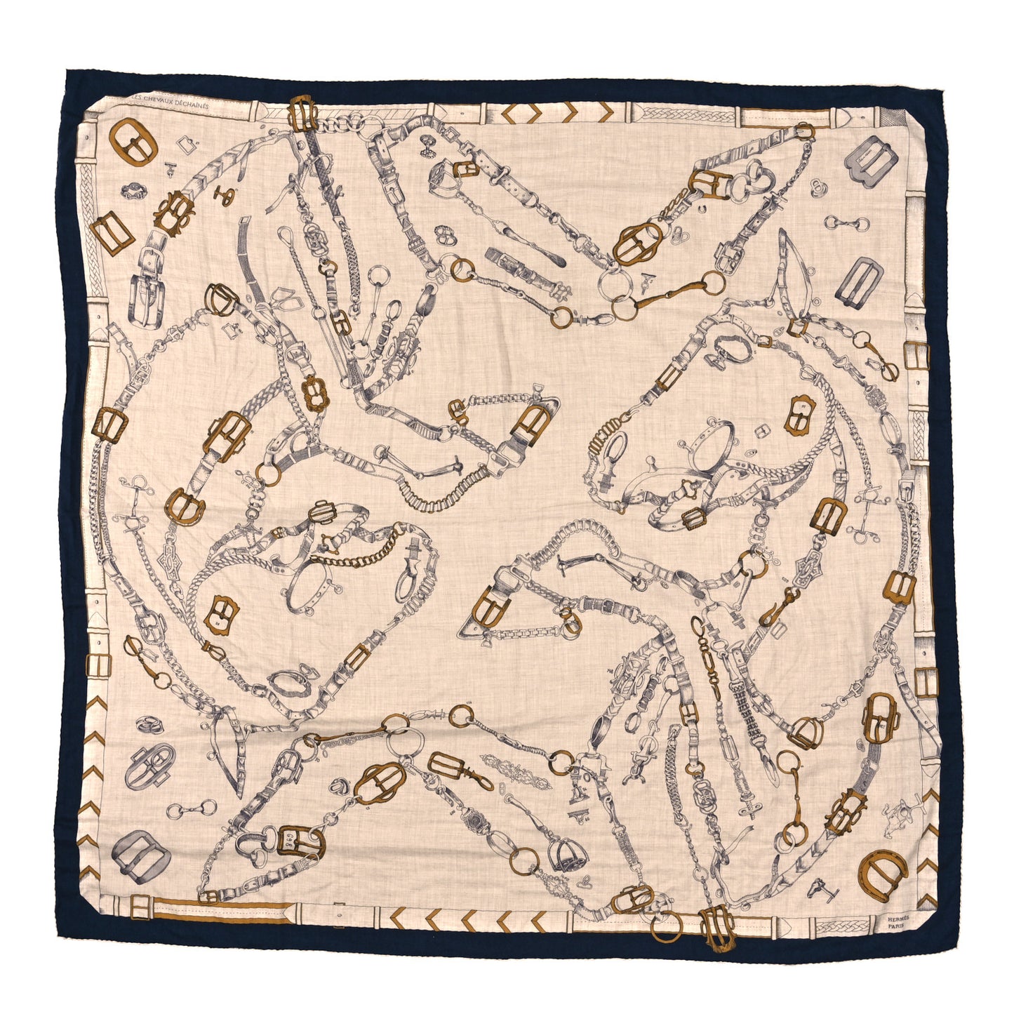 Cashmere Silk Chevaux Dechaines Shawl 140 Marine Naturel Gris