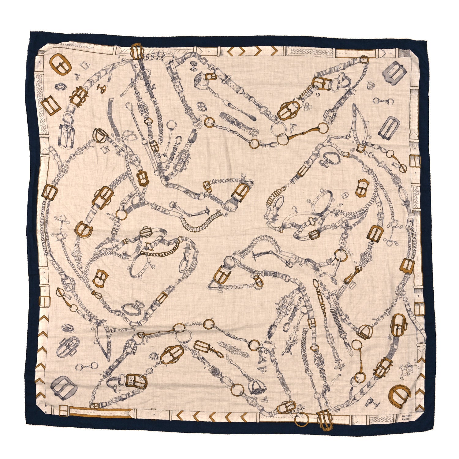 Hermes Cashmere Silk Chevaux Dechaines Shawl 140 Marine Naturel Gris 1 of 3