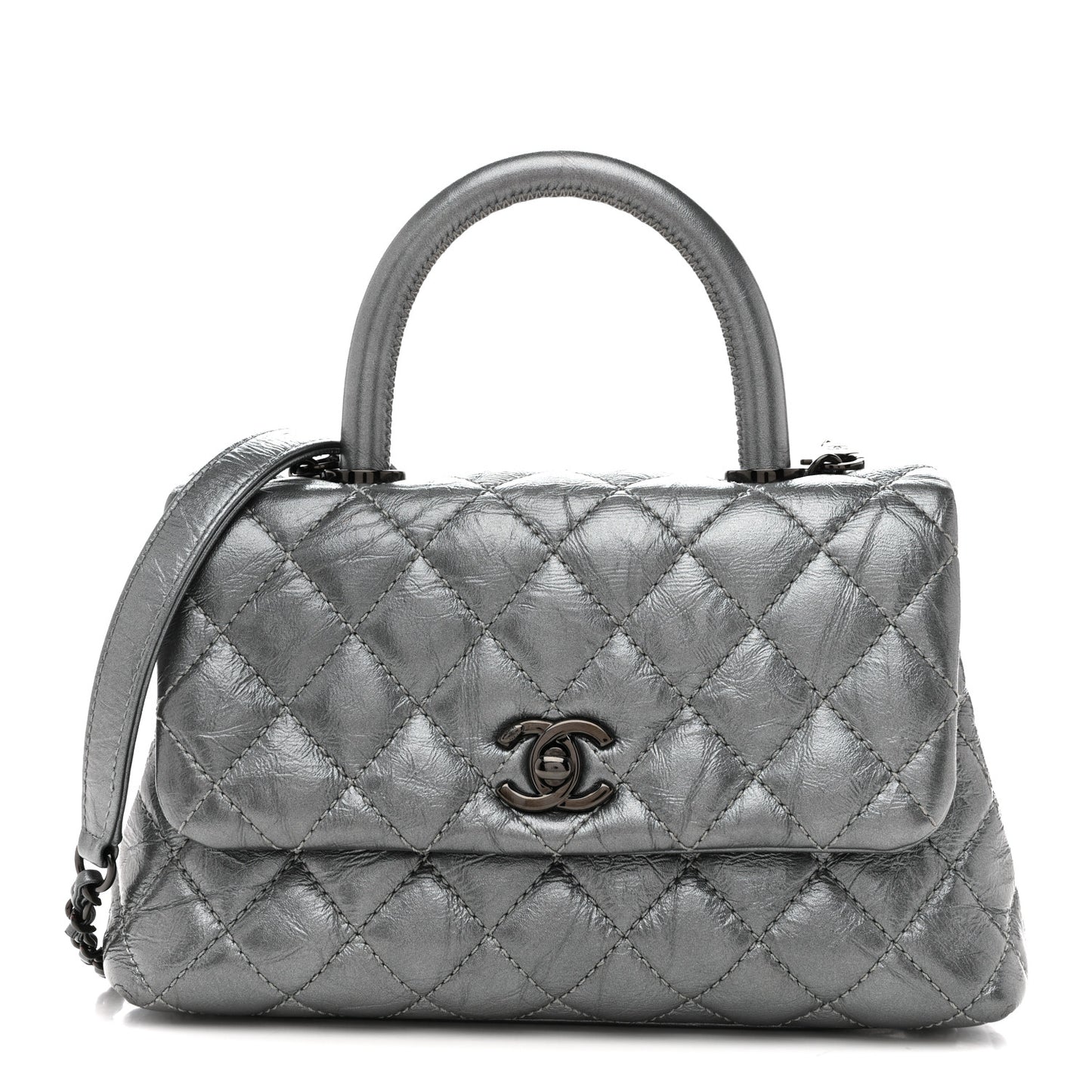 Metallic Aged Calfskin Quilted Mini Coco Handle Flap Charcoal