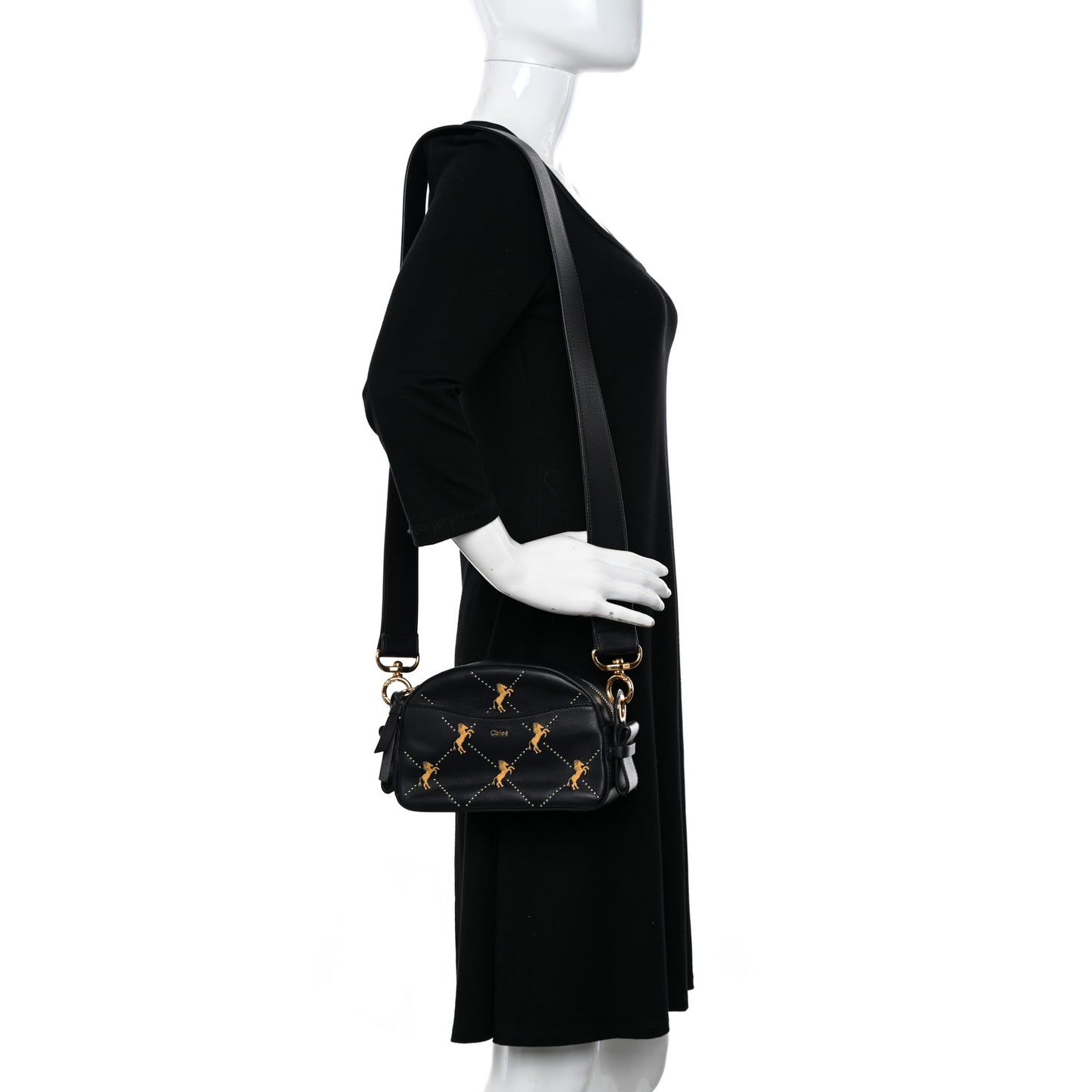 Smooth Calfskin Little Horses Embroidered Shoulder Bag Black