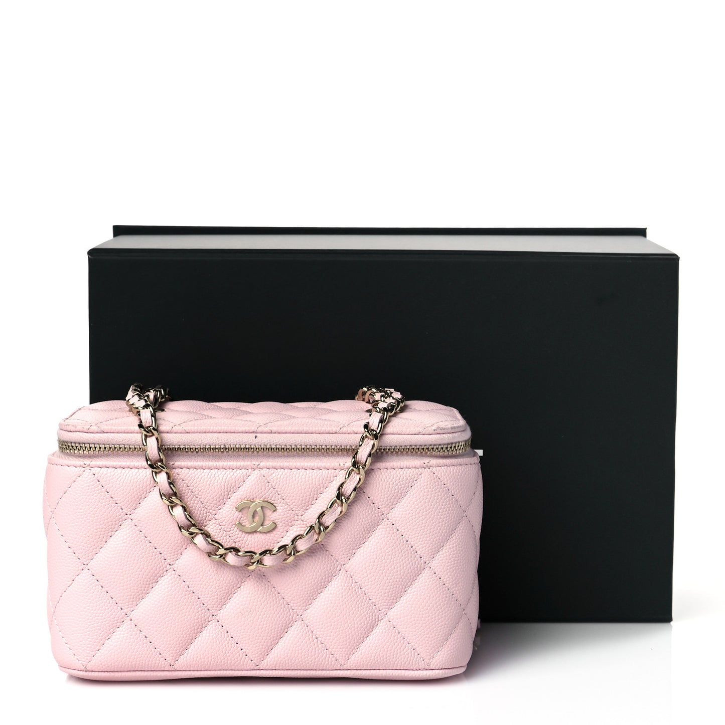 Caviar Quilted Small Vanity Case With Chain Light Pink