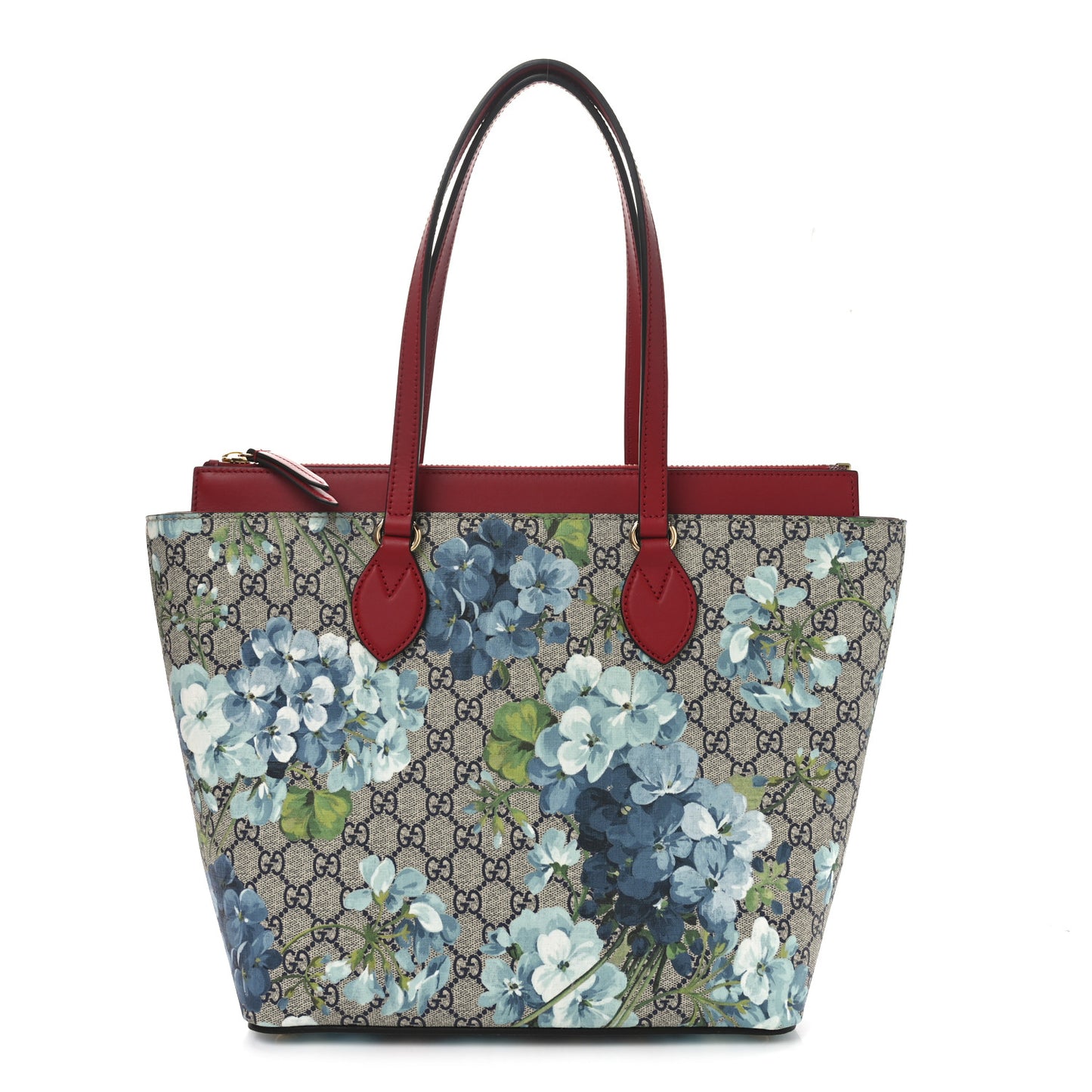 GG Supreme Monogram Blooms Medium Zippered Bucket Tote Beige Blue Navy Hibiscus Red