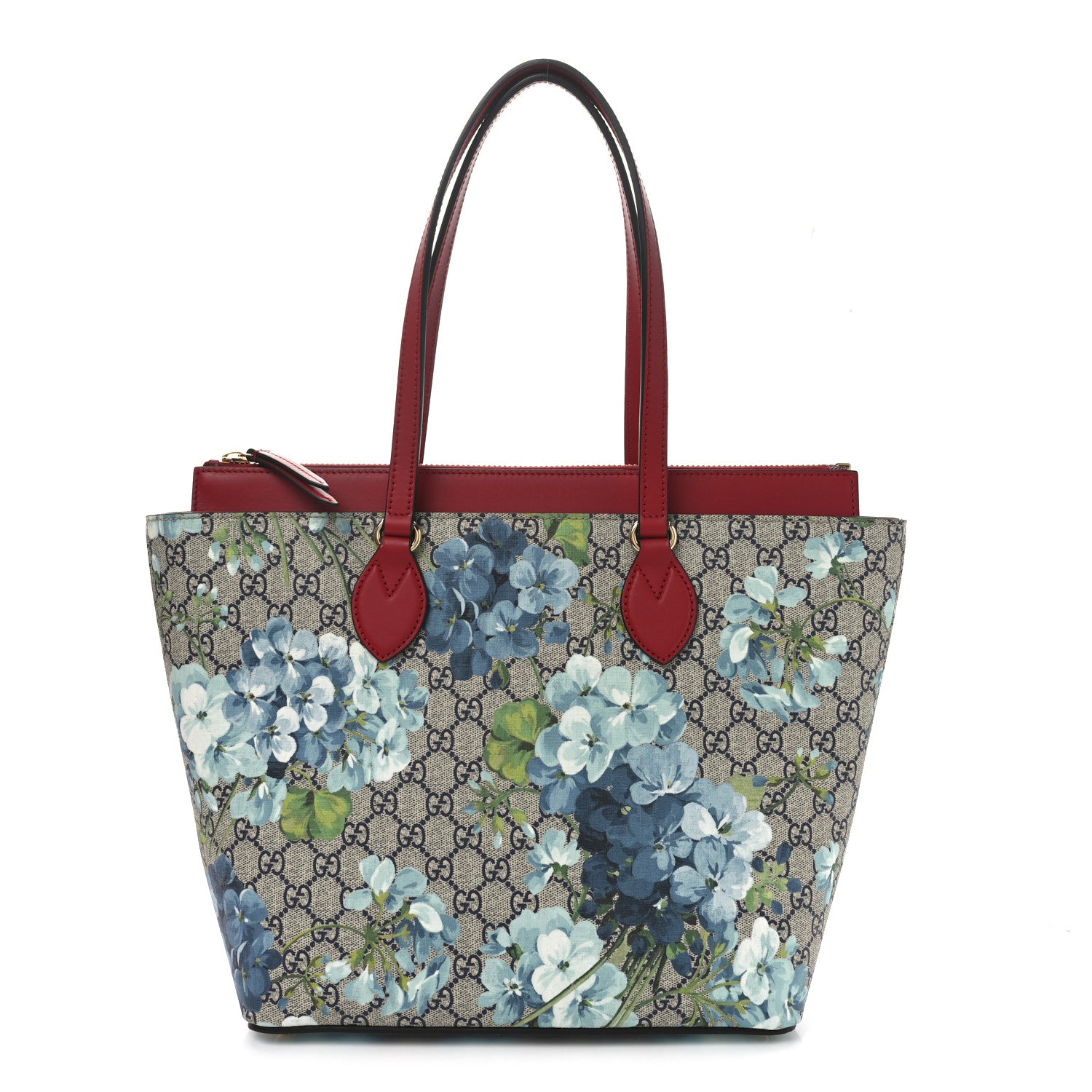 Gucci GG Supreme Monogram Blooms Medium Zippered Bucket Tote Beige Blue Navy Hibiscus Red 1 of 10