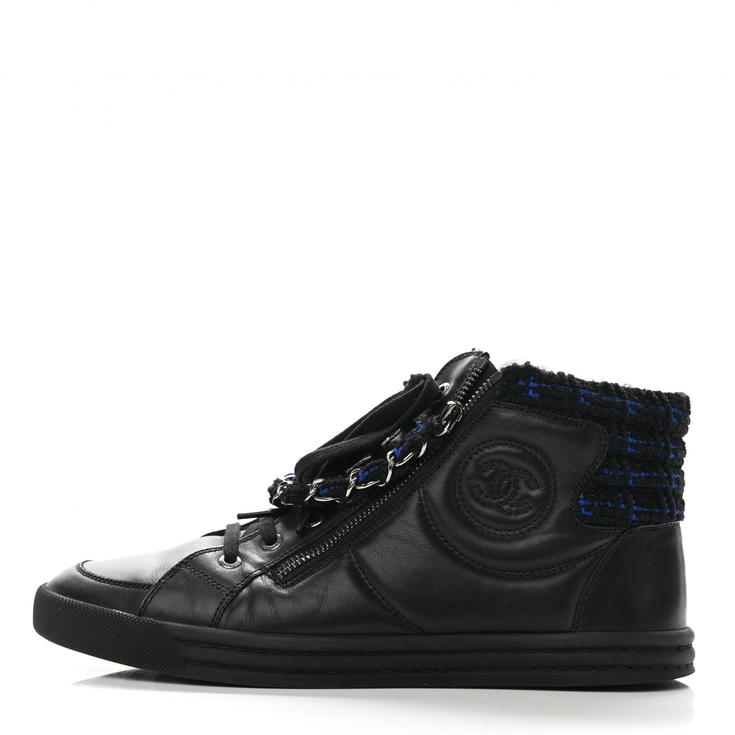 Lambskin Tweed Zipped Sneakers 40 Black Blue