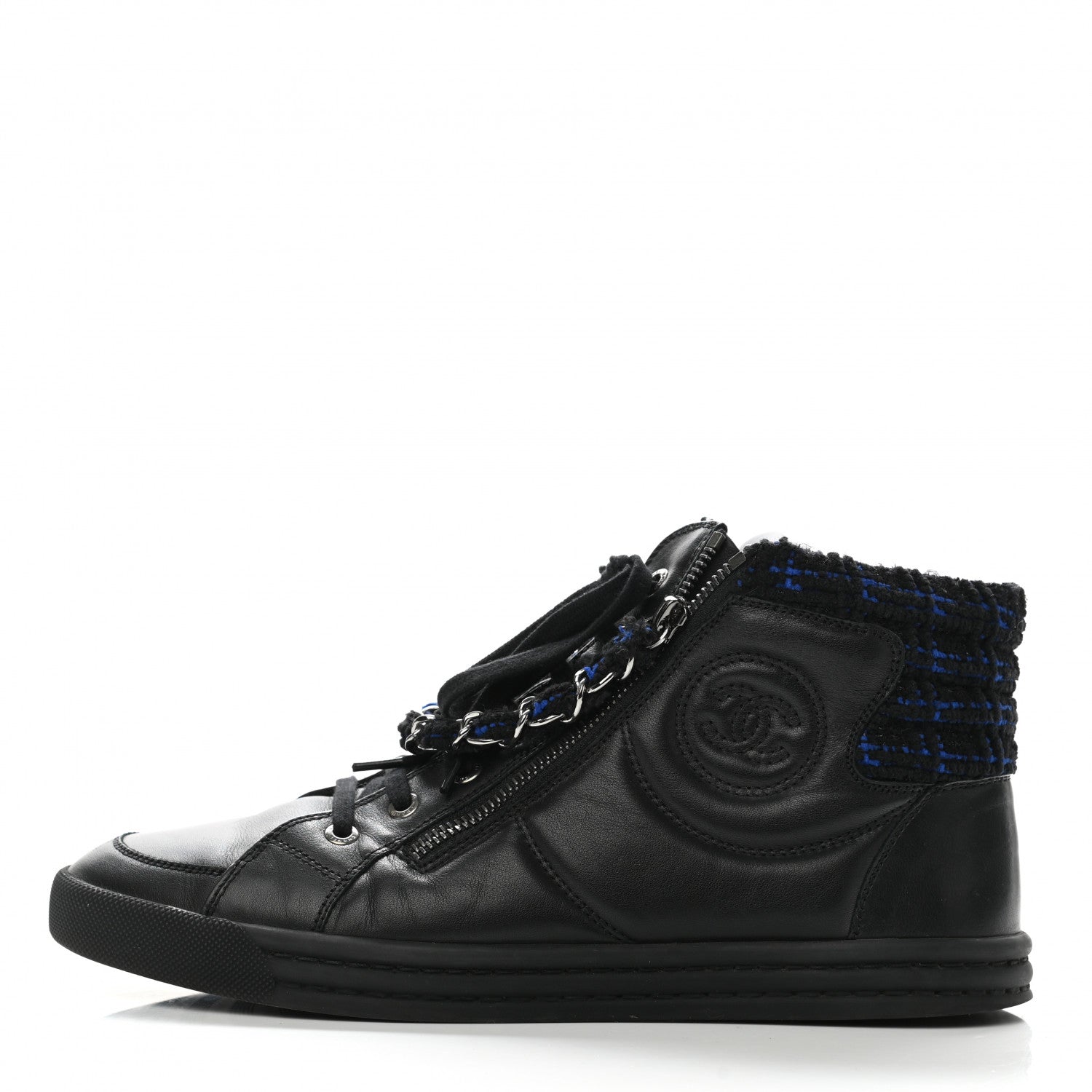 Chanel Lambskin Tweed Zipped Sneakers 40 Black Blue 1 of 7