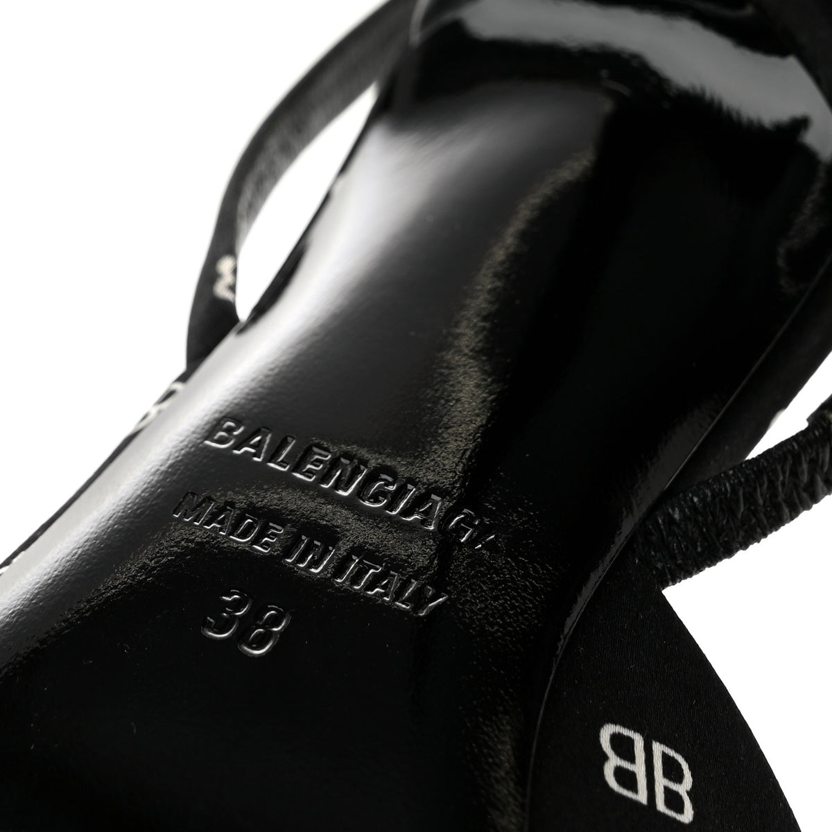 Satin BB Logo Pointed Toe Knife Slingback Mules 38 Black White