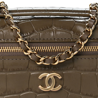 Chanel Calfskin Crocodile Embossed Top Handle Trapeze Small Vanity Case With Chain  Dark Khaki 8 of 10