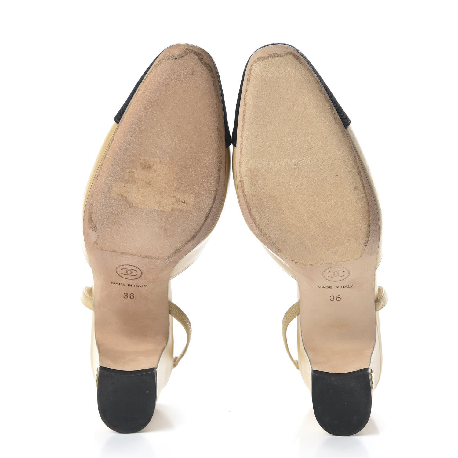 Chanel Goatskin Grosgrain Cap Toe CC Slingback Pumps 36 Beige Black 5 of 9