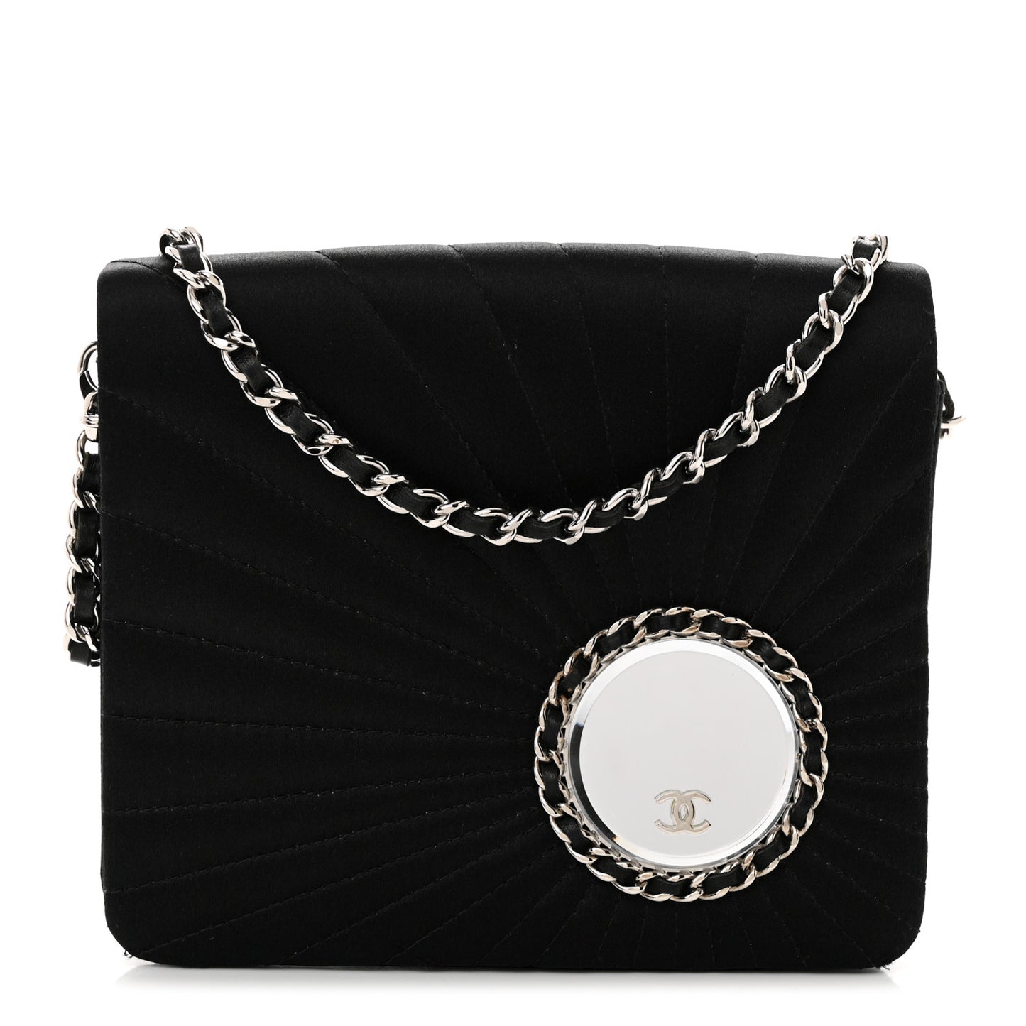 Satin Pleated Chain Embellished Mirror Flap Black