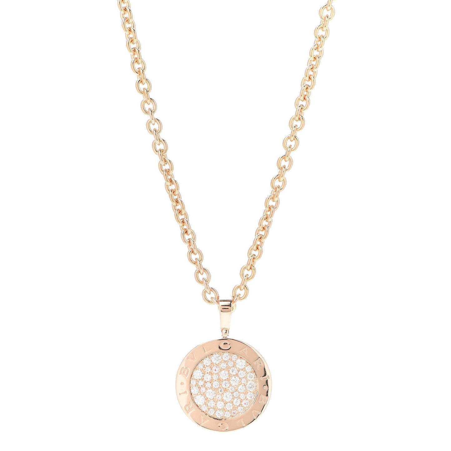 18K Rose Gold Diamond Large BVLGARI BVLGARI Pave Pendant Necklace