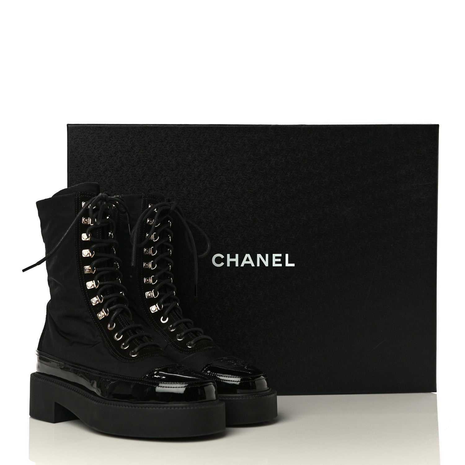 Chanel Nylon Suede Patent Calfskin CC Lace Up Boots 36.5 Black 13 of 13