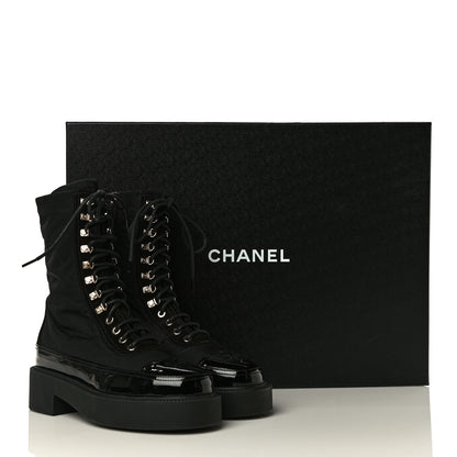 Chanel Nylon Suede Patent Calfskin CC Lace Up Boots 36.5 Black 13 of 13