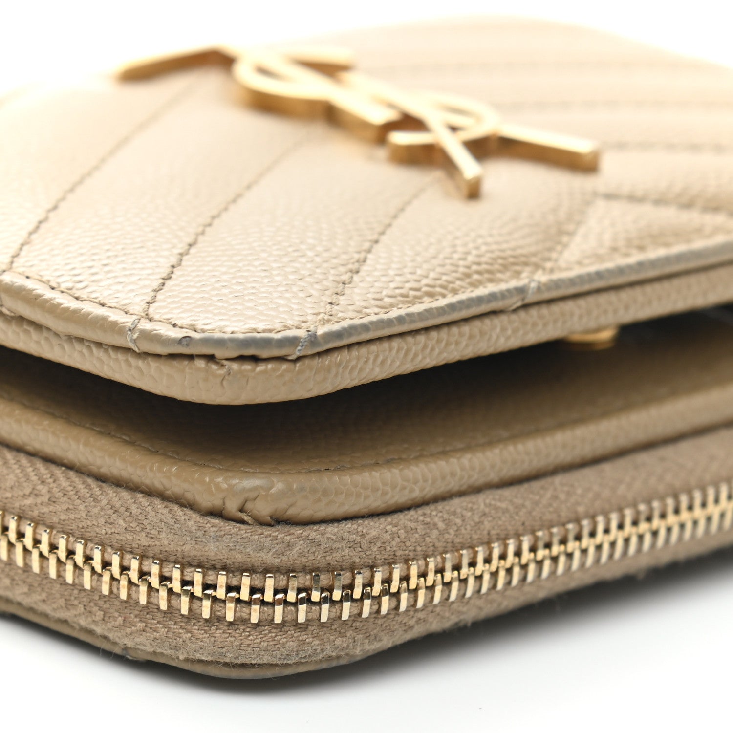 Saint Laurent Grain De Poudre Matelasse Chevron Monogram Compact Zip Around Wallet Dark Latte 11 of 13