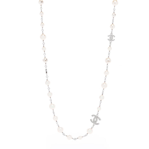 Graduated Pearl Crystal CC Long Necklace Silver