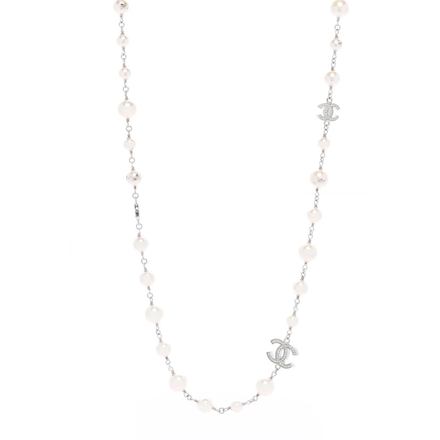 Graduated Pearl Crystal CC Long Necklace Silver
