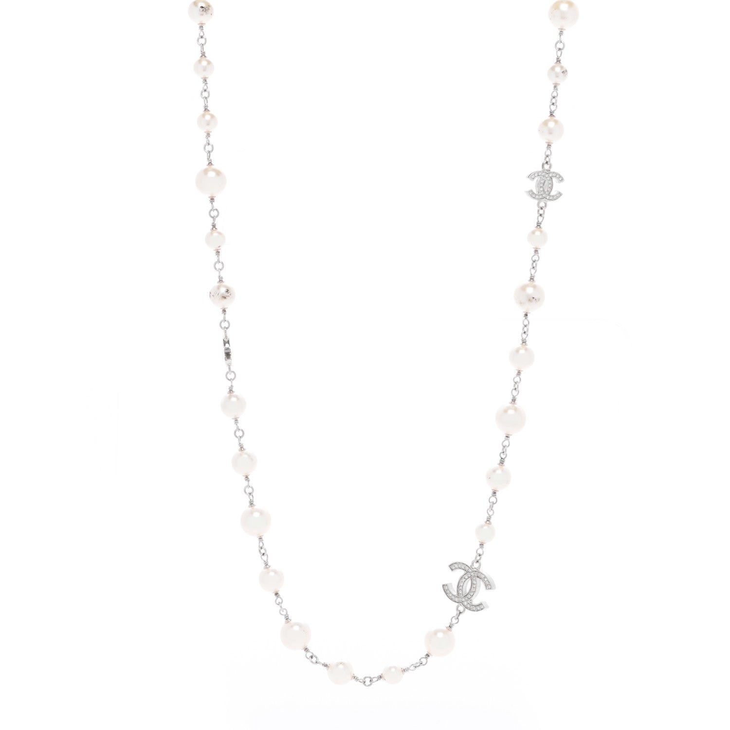 Chanel Graduated Pearl Crystal CC Long Necklace Silver 1 of 3