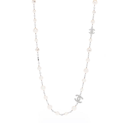 Chanel Graduated Pearl Crystal CC Long Necklace Silver 1 of 3