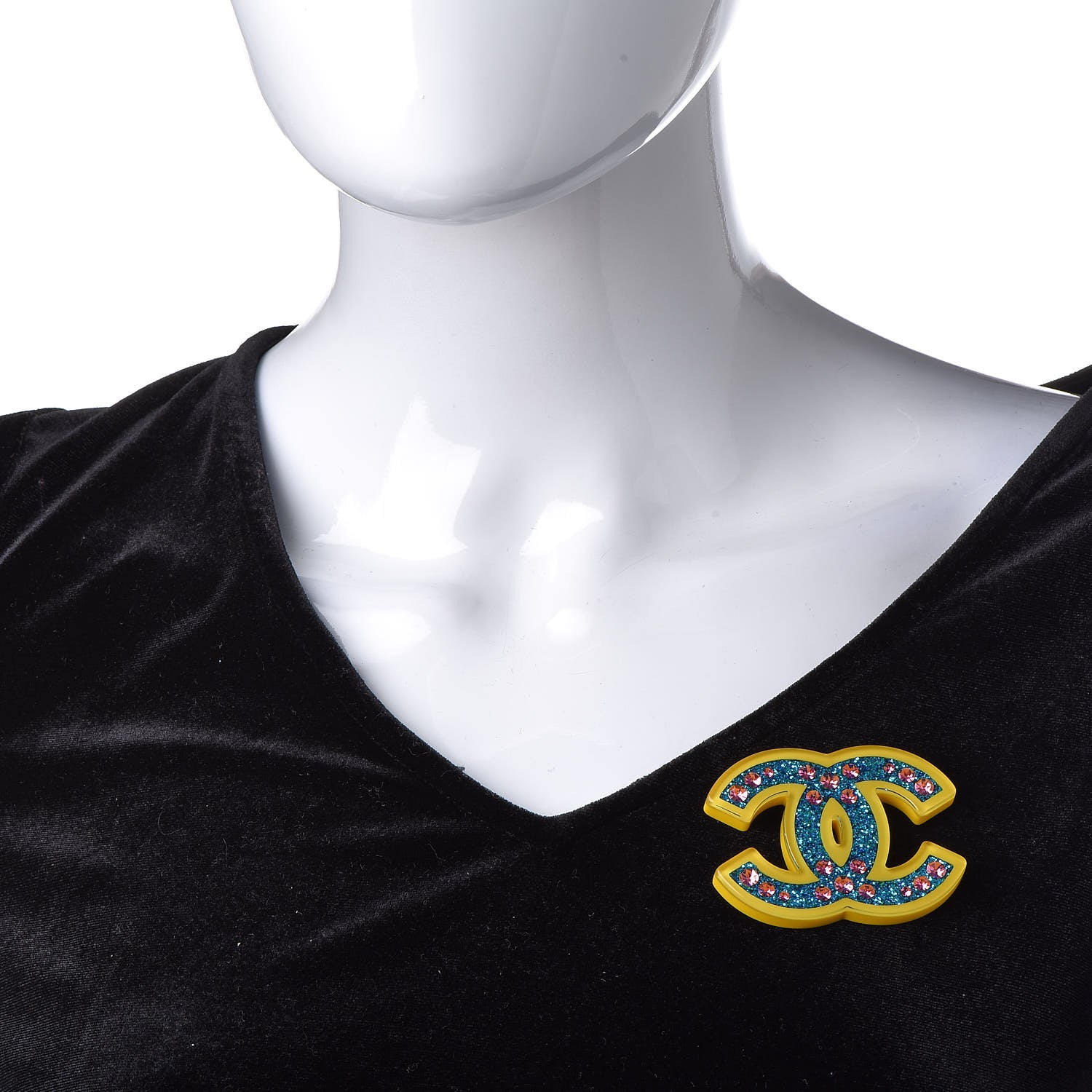 Chanel Resin Glitter Crystal CC Brooch Yellow Blue 2 of 5