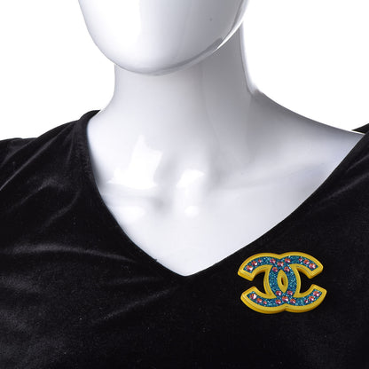 Chanel Resin Glitter Crystal CC Brooch Yellow Blue 2 of 5