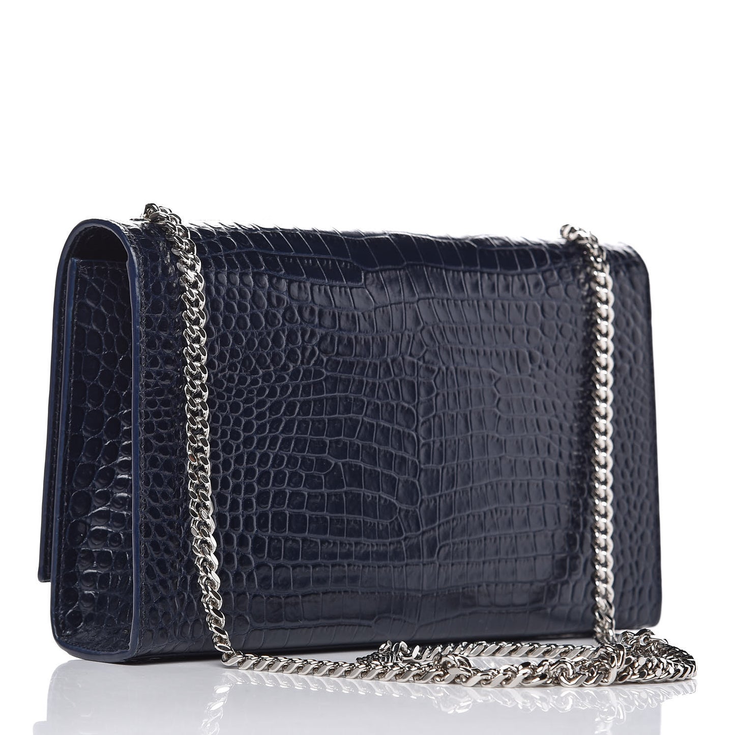 Calfskin Crocodile Embossed Medium Classic Monogram Kate Tassel Satchel Blue Sapphire