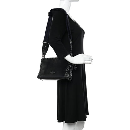 Valentino Garavani Craquele Calfskin Small Guitar Strap Rockstud Rolling Flap Pocket Shoulder Bag Black 2 of 12