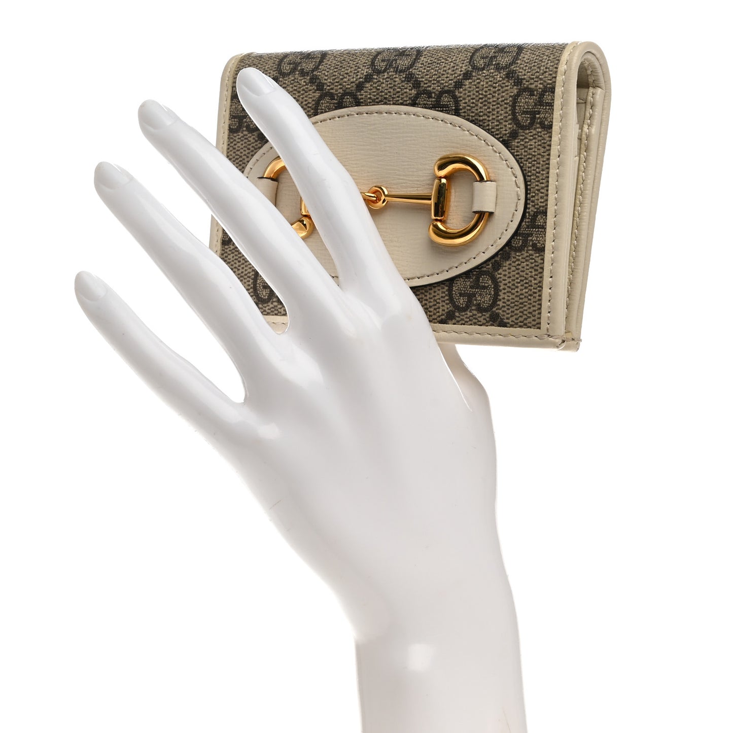GG Supreme Monogram Azalea Calfskin Horsebit 1955 Card Case Wallet Beige Ebony Mystic White