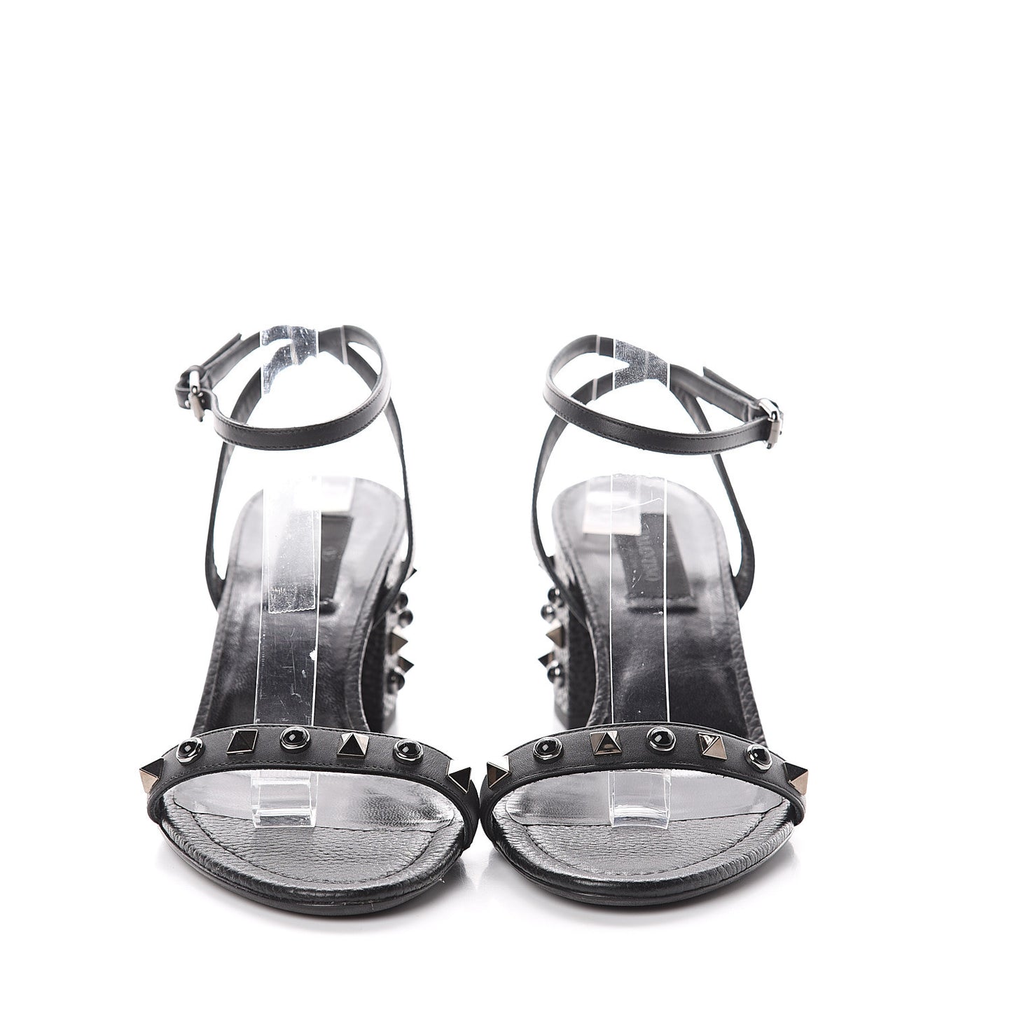 Pebbled Calfskin Rockstud Rolling 60mm City Sandals 38 Black