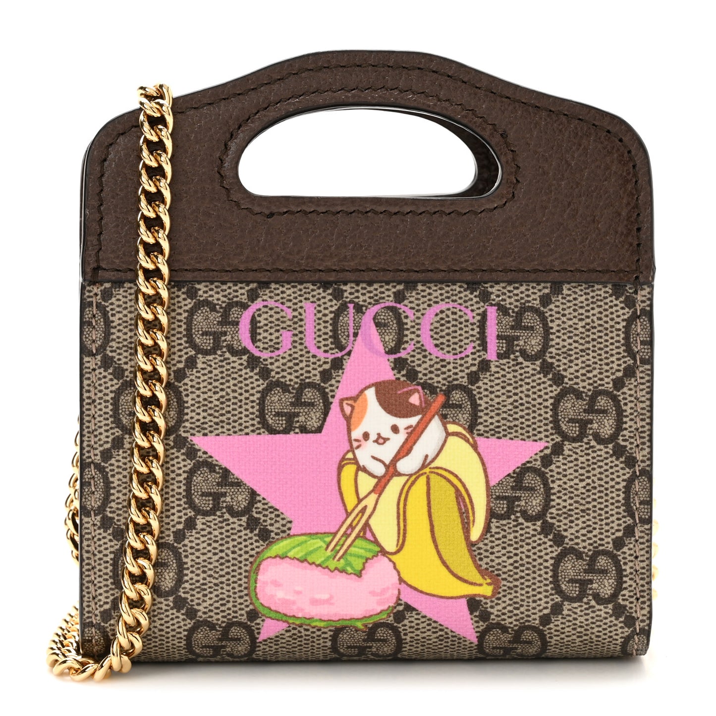 X BNF GG Supreme Monogram Textured Dollar Calfskin Bananya Print Mini Top Slip Handle Bag Beige Ebony Multicolor New Acero