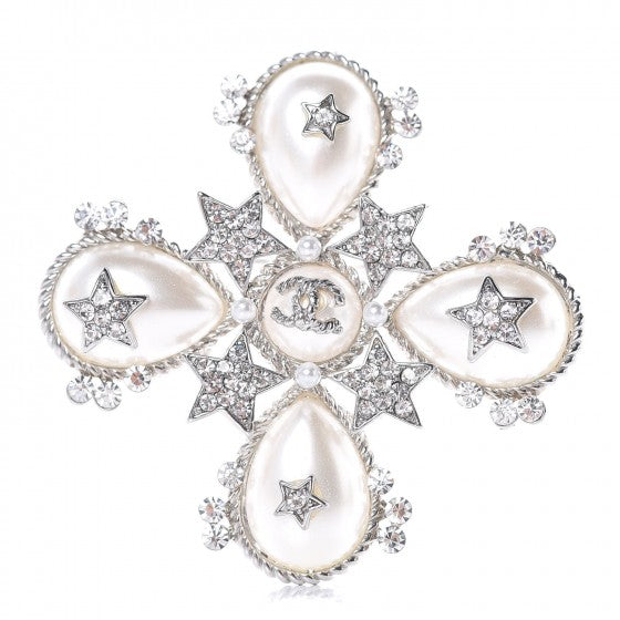 Chanel Pearl Crystal CC Star Brooch Silver 1 of 4