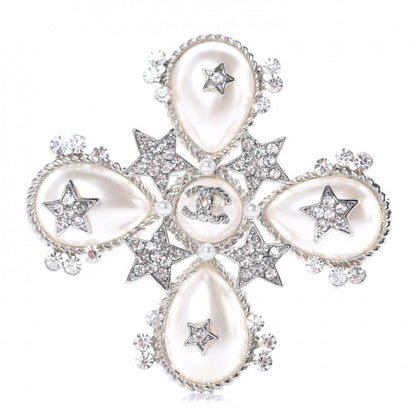 Chanel Pearl Crystal CC Star Brooch Silver 1 of 4