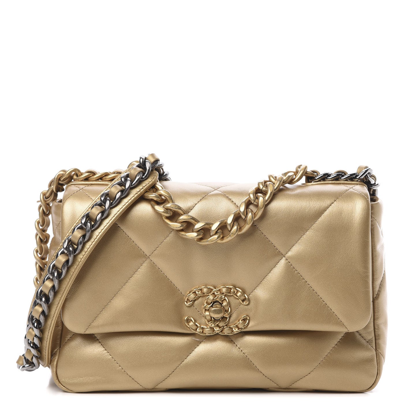 Metallic Goatskin Quilted Medium 19 Flap Gold