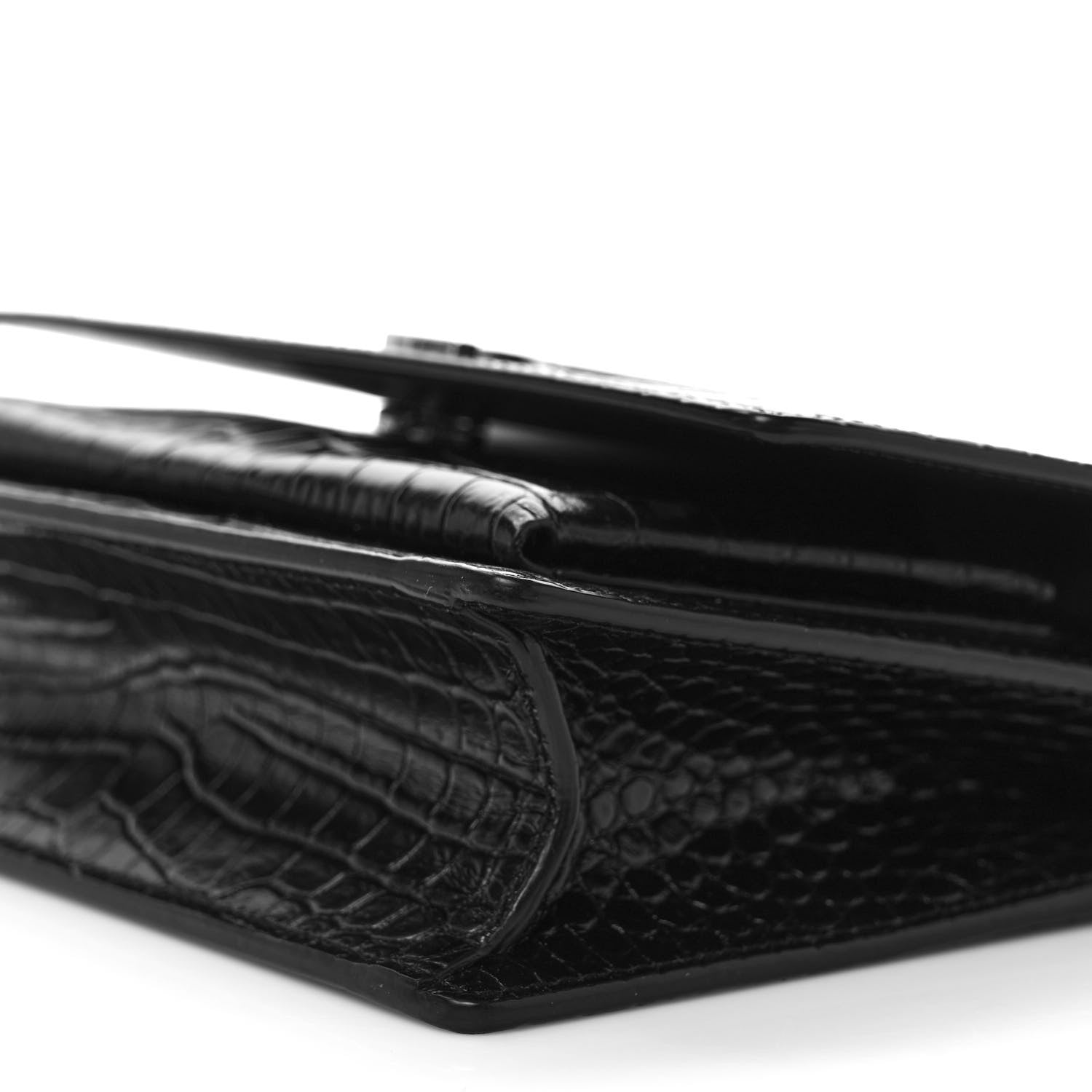 Saint Laurent Calfskin Crocodile Embossed Monogram Sunset Chain Wallet Black 9 of 10