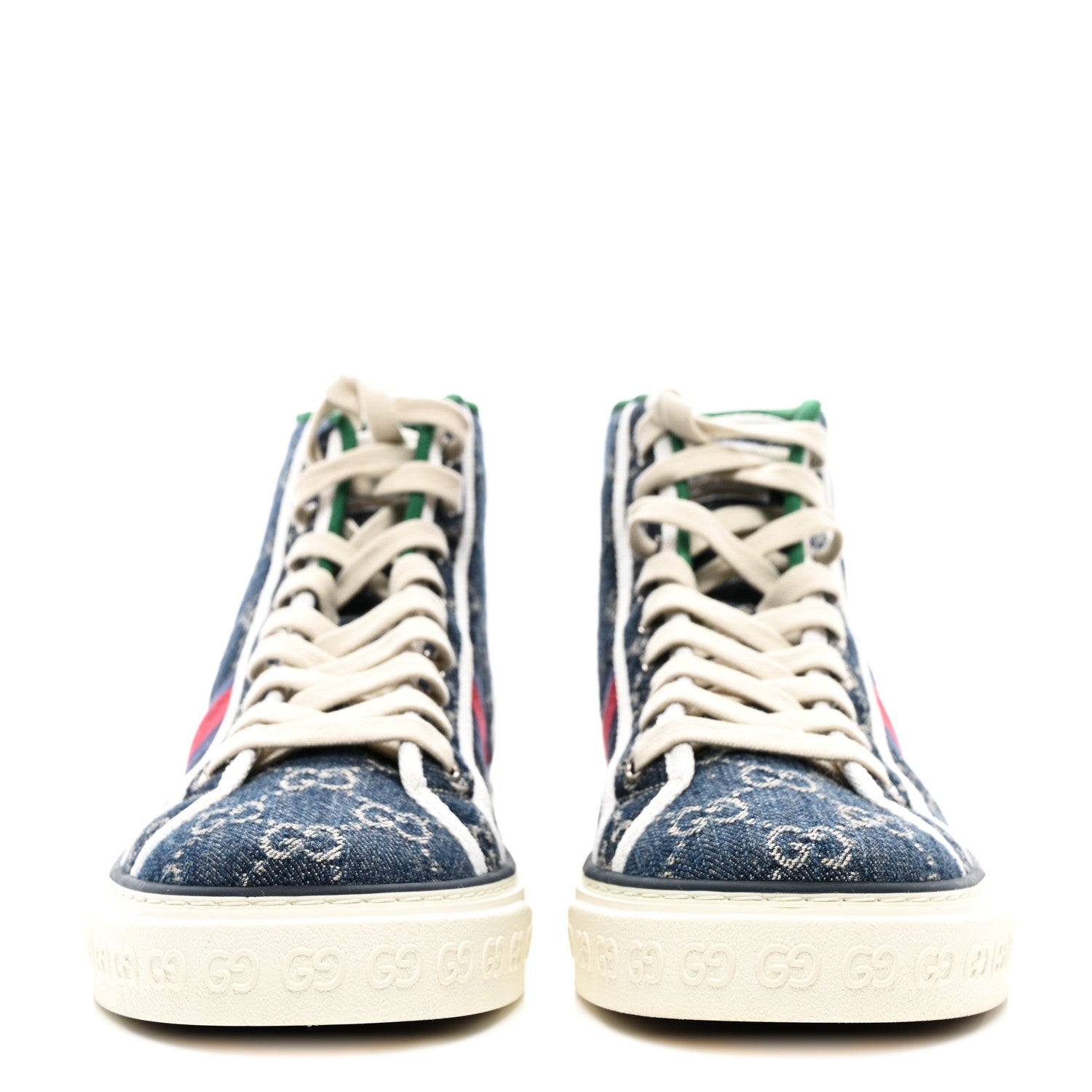 Gucci New Denim GG Monogram Web Womens 1977 Tennis High Top Sneakers 7.5 Blue Tea Mystic White 2 of 8