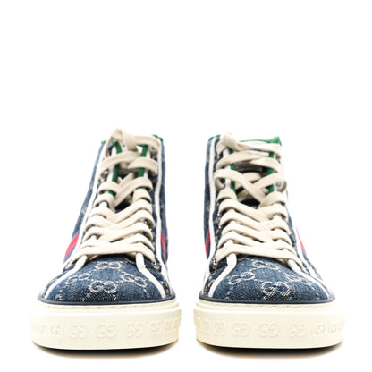 Gucci New Denim GG Monogram Web Womens 1977 Tennis High Top Sneakers 7.5 Blue Tea Mystic White 2 of 8