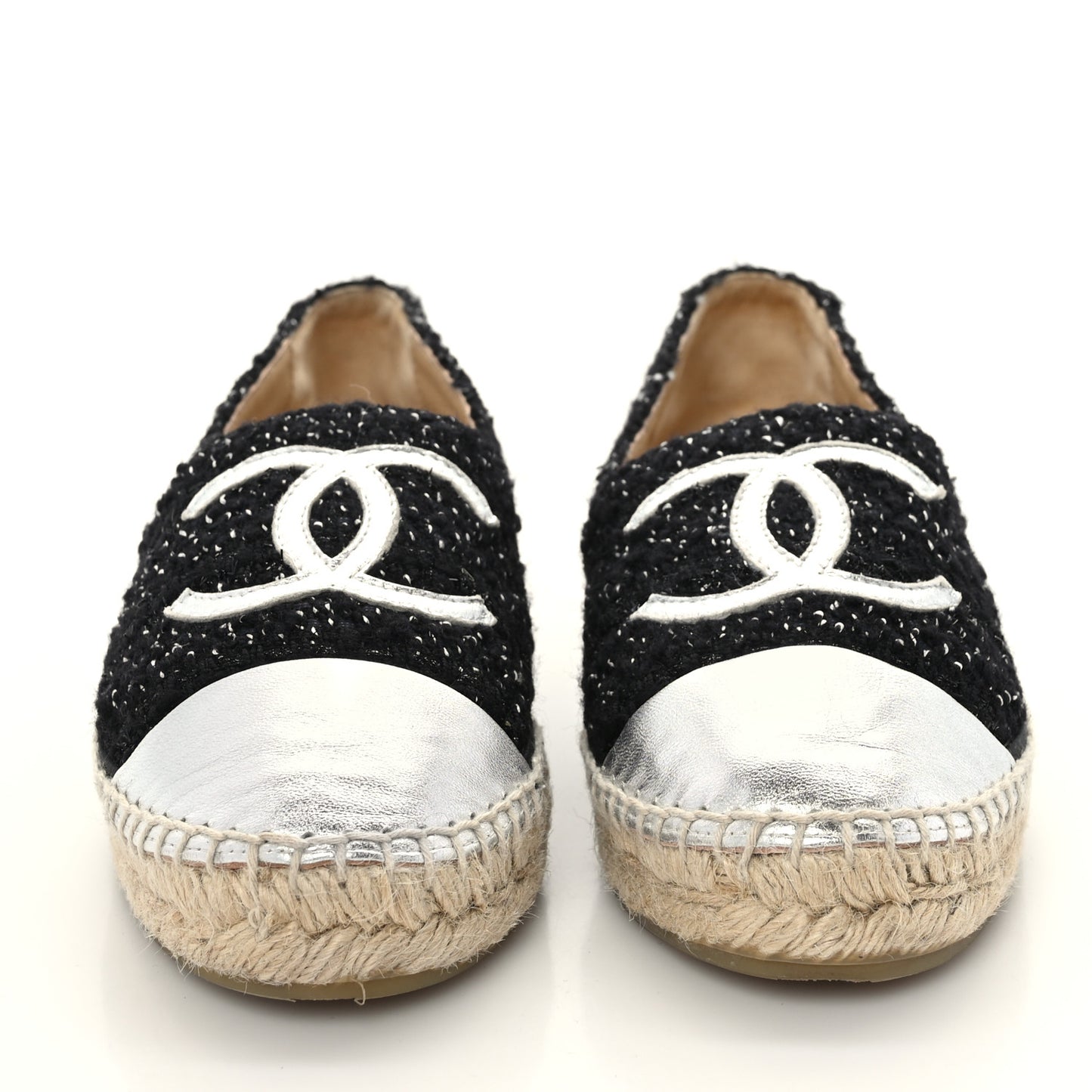 Metallic Lambskin Tweed CC Espadrilles 39 Black Silver