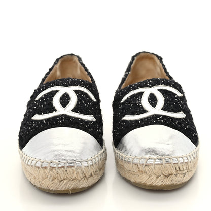Chanel Metallic Lambskin Tweed CC Espadrilles 39 Black Silver 2 of 8
