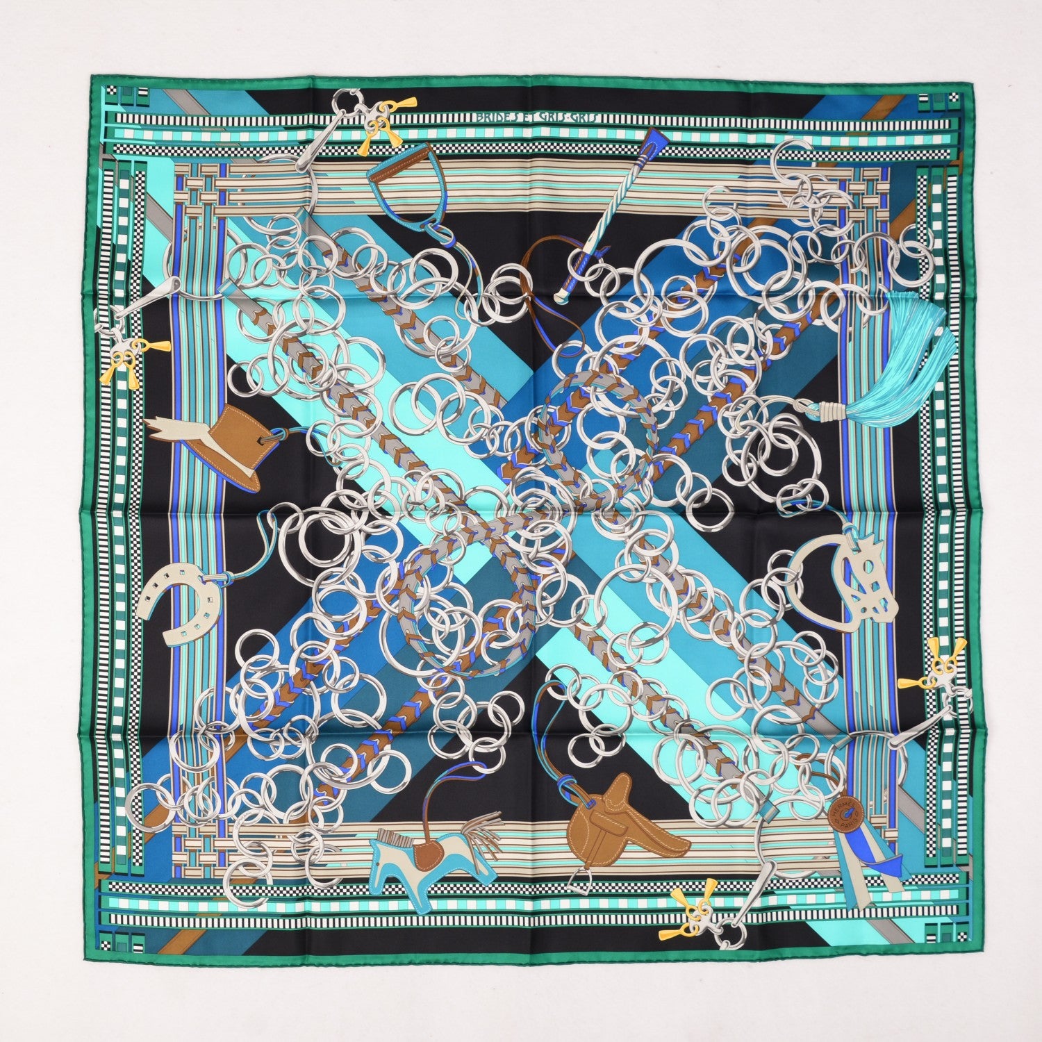 Hermes Silk Brides Et Gris Gris Scarf 90 Marine Turquoise Bleu 2 of 6