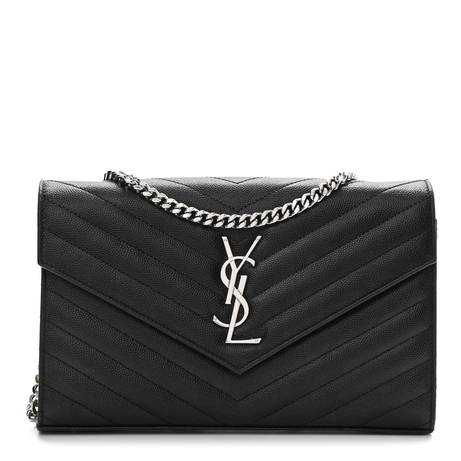 Saint Laurent Grain De Poudre Matelasse Chevron Monogram Chain Wallet Black 1 of 7