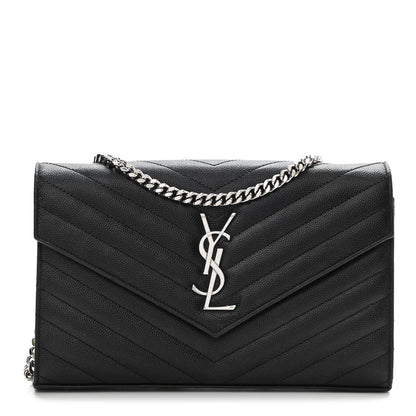 Saint Laurent Grain De Poudre Matelasse Chevron Monogram Chain Wallet Black 1 of 7