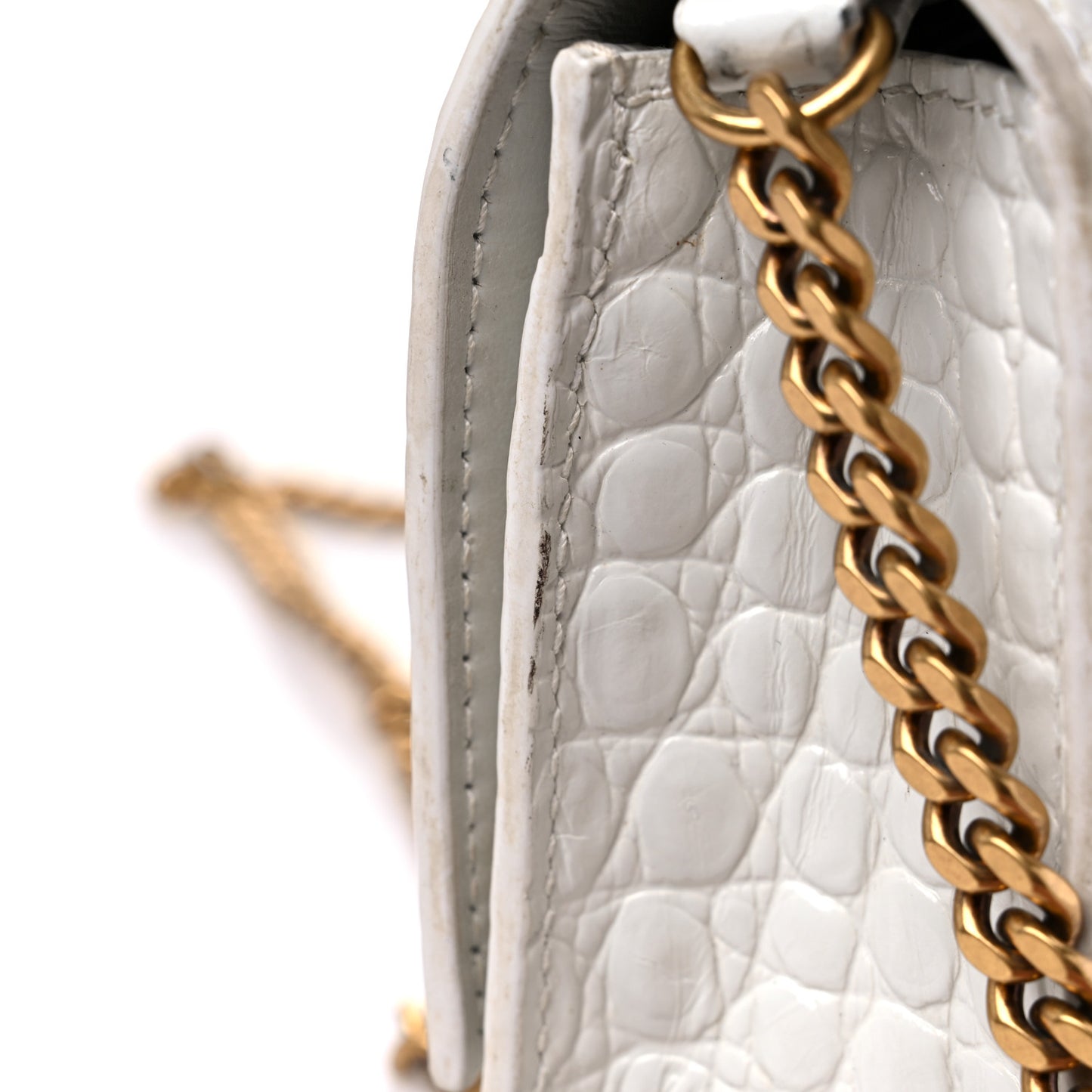 Shiny Calfskin Crocodile Embossed Hourglass Chain Bag White
