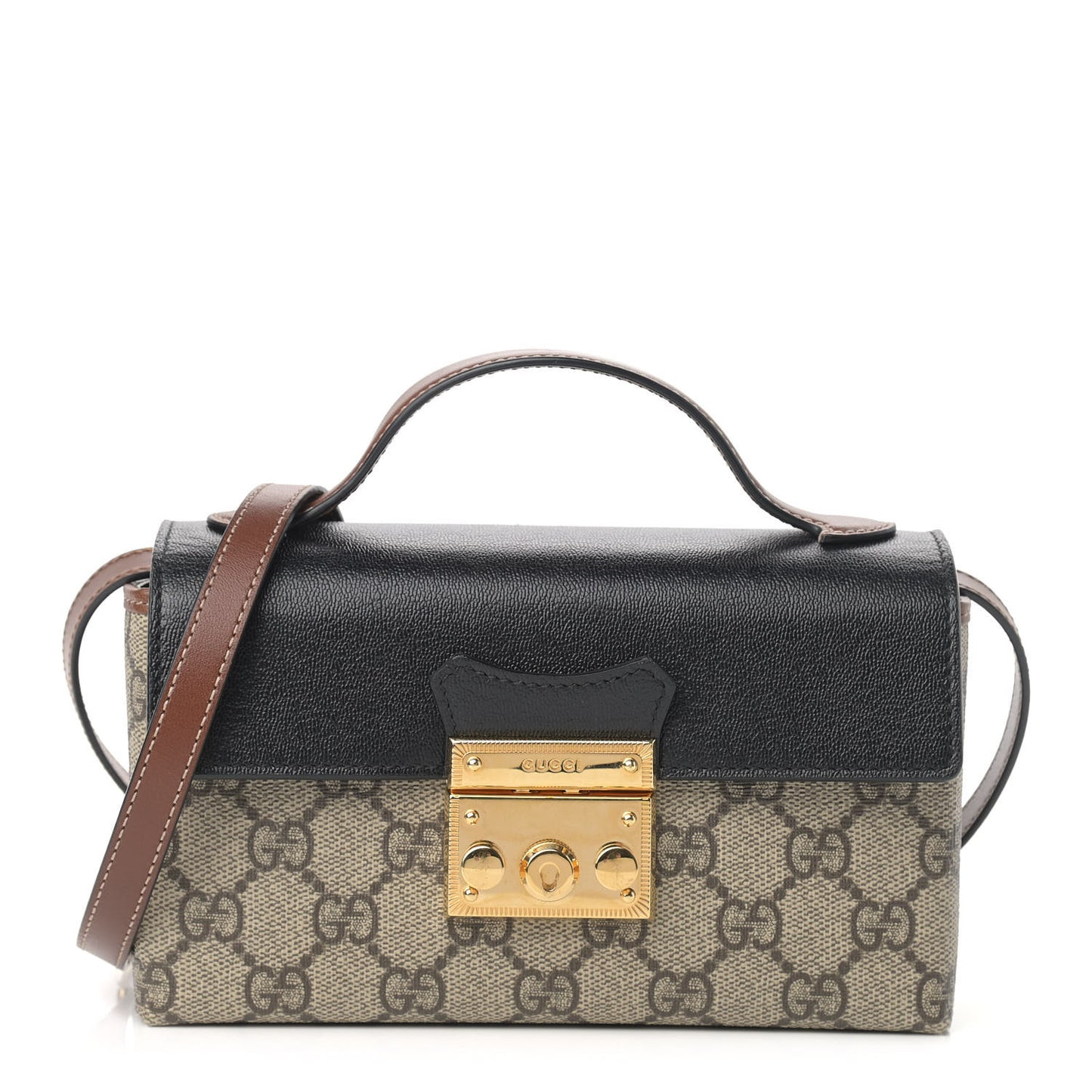 GG Supreme Monogram Calfskin Mini Padlock Top Handle Shoulder Bag Beige Black Cuir