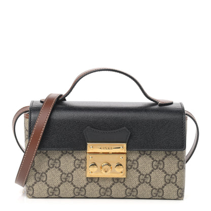 Gucci GG Supreme Monogram Calfskin Mini Padlock Top Handle Shoulder Bag Beige Black Cuir 1 of 9