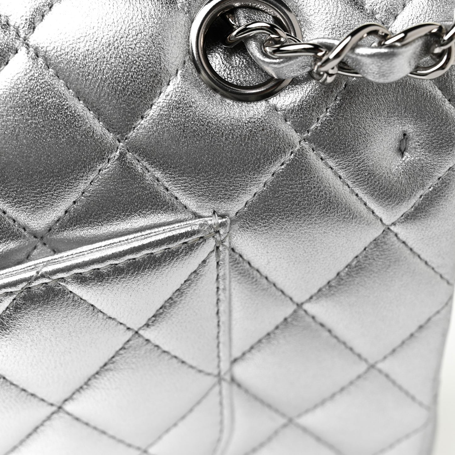 Metallic Lambskin Quilted Medium Double Flap Silver