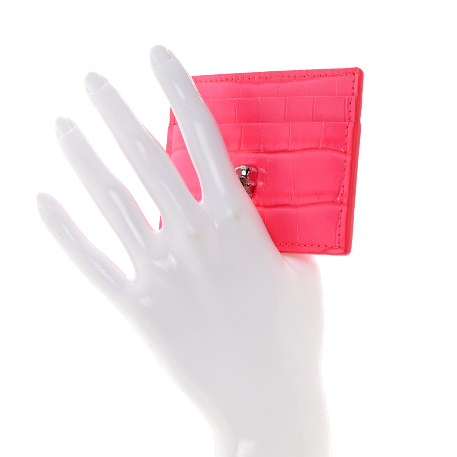Alexander McQueen Calfskin Crocodile Embossed Skull Card Holder Neon Pink 2 of 8